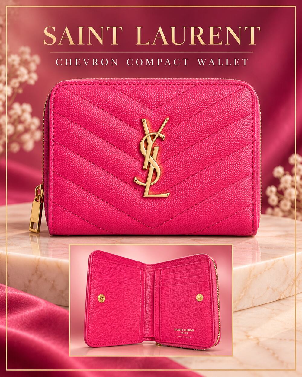 CW026 Yves Saint Laurent Pink Quilted Leather Compact Cassandre Wallet